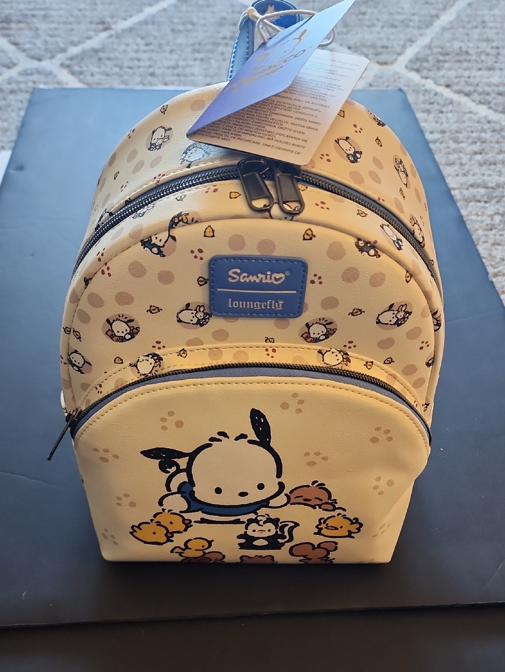 Loungefly Sanrio Cream Pochacco Kids Mini Backpack with Blue Accents. NWT